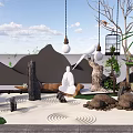 Dry Landscape Garden Featuring White Statue Raked Sand Stones Hanging Lights And Birdcage