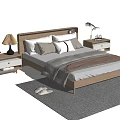 Modern Double Bed With Wooden Frame Nightstands Table Lamp Stuffed Toy Plant Cozy Bedding