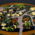Ancient Village Scene With Thatched Roof Houses Circular Fence Trees Central Area And People
