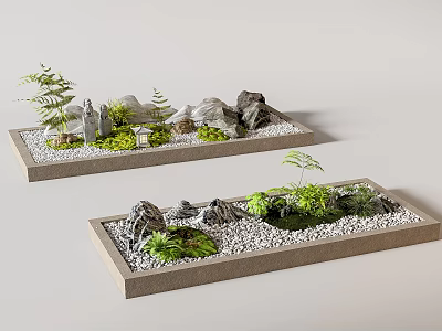 Natural Indoor Landscape Design With Rectangular Trays Rocks Green Plants And Pebbles 3d model