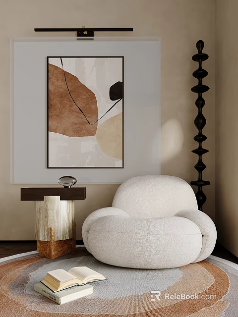 Plush White Lounge Chair With Abstract Wall Art Wooden Side Table And Black Decorative Column 3d model 