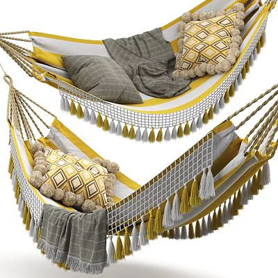 Cozy Hammock With Yellow White Stripes Pillows Tassels And Blanket 3d model Cozy Hammock With Yellow White Stripes Pillows Tassels And Blanket 3d model