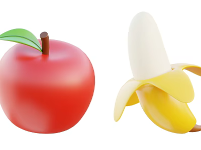 Ripe Red Apple With Green Leaf And Juicy Peeled Yellow Banana 3d model