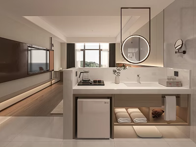 Modern Hotel Guest Room Interior With Bathroom Vanity Towels Mini Fridge And TV 3d model