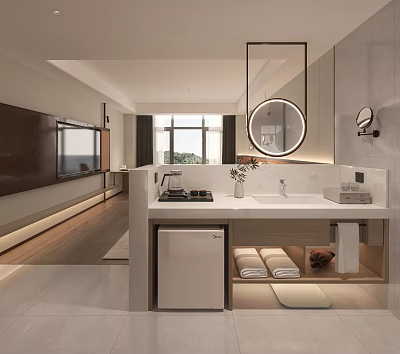 Modern Hotel Guest Room Interior With Bathroom Vanity Towels Mini Fridge And TV 3d model
