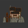 Cartoon Scene Of Charming Watermill Cottage With Dark Roof Orange Frame And Stone Base