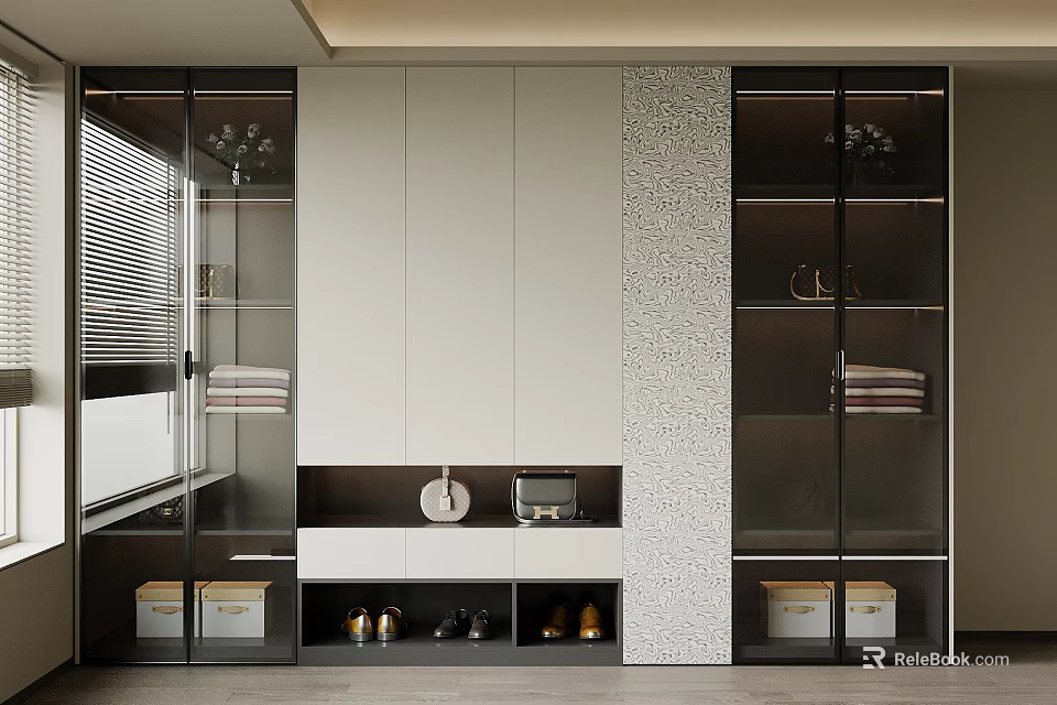Modern Wardrobe Interior Design With Glass Doors And Shoe Storage Compartments 3d model 