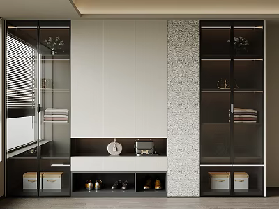 Modern Wardrobe Interior Design With Glass Doors And Shoe Storage Compartments 3d model