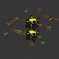 Mechanical Characters With Central Black Yellow Structure And Surrounding Colorful Small Creatures