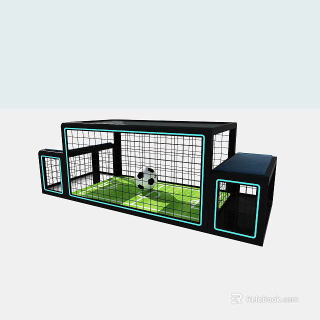 Soccer Themed Playground Equipment With Black Frame Netting And Green Playing Field 3d model 
