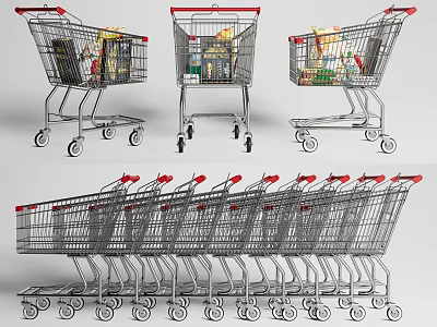 Commercial Shopping Carts Loaded With Groceries And Stacked For Retail Use 3d model