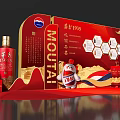 Stylish Tea Break Area With Moutai 1935 Red Gift Box Gold Elements And Mountain Pattern 3d model