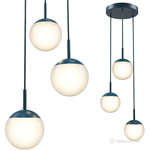 Modern Multiple Pendant Lights With Spherical White Shades And Blue Metal Bases 3d model 