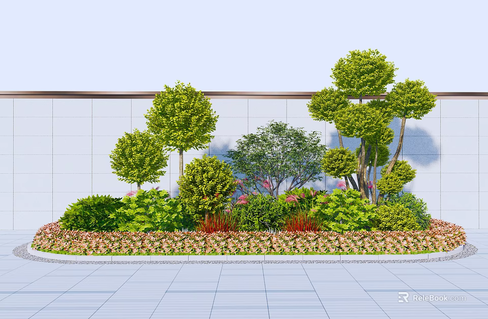 Circular Flower Bed With Planters Featuring Various Trees Shrubs And Colorful Flowers 3d model 