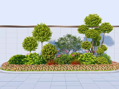 Circular Flower Bed With Planters Featuring Various Trees Shrubs And Colorful Flowers 3d model