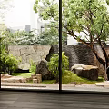 Courtyard Garden with Green Plants Trees Stones and Glass Windows on Wooden Floor