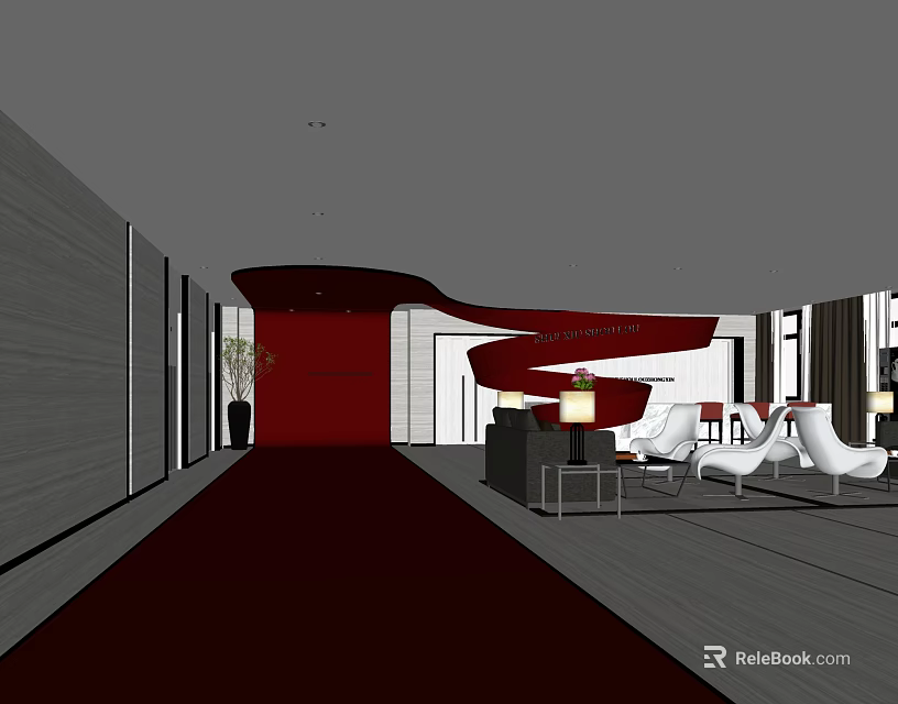 Modern Sales Office Interior With Red Accent Wall White Sofas Red Carpet And Lighting Decor 3d model 