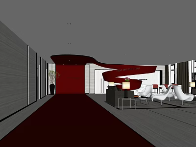 Modern Sales Office Interior With Red Accent Wall White Sofas Red Carpet And Lighting Decor 3d model