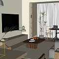 Modern Living Dining Area Interior With Wooden Table Sofa Coffee Table Hanging Lamp And Plants