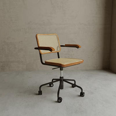 Modern Office Chair With Wooden Armrests Woven Seat And Black Metal Base On Gray Floor 3d model