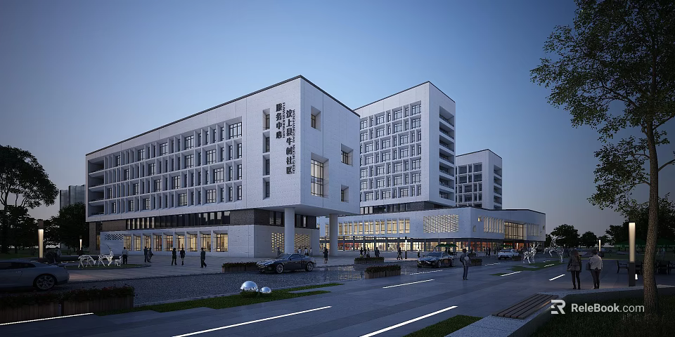 Modern White Office Buildings With Glass Curtain Walls At Night Street Including Pedestrians And Vehicles 3d model 