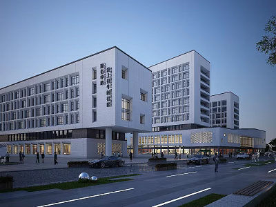 Modern White Office Buildings With Glass Curtain Walls At Night Street Including Pedestrians And Vehicles 3d model