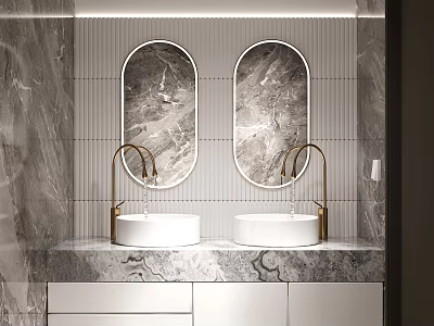 Modern Double Marble Vanity With Oval Mirrors Gold Faucets Striped Backsplash And White Cabinets 3d model