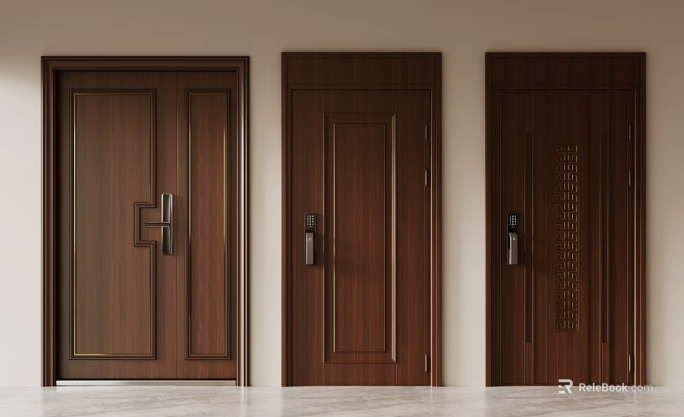 Dark Brown Solid Wood Double Doors With Modern Panel Design And Handle Details 3d model 