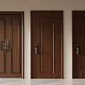Dark Brown Solid Wood Double Doors With Modern Panel Design And Handle Details
