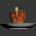 Red And Gold Teacup With Saucer Featuring Dragon Patterns And Building Motifs With Gold Trim