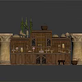 Household Items Display On Vintage Wooden Shelf With Stone Pillars And Plants