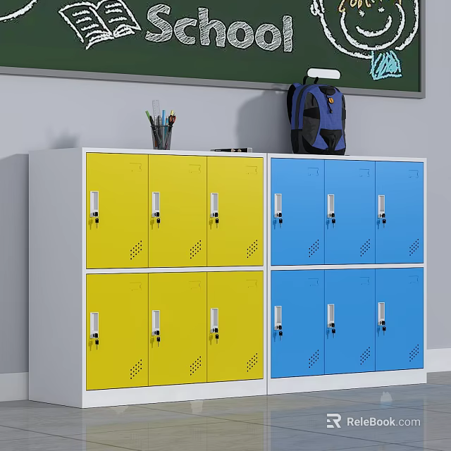 Colorful Yellow And Blue Lockers In Classroom With Backpack And Stationery 3d model 