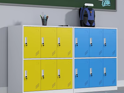Colorful Yellow And Blue Lockers In Classroom With Backpack And Stationery 3d model