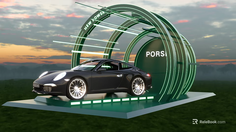 Porsche Sports Car Photo Check in Spot with Green Circular Structure and Sunset Sky 3d model 