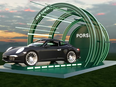 Porsche Sports Car Photo Check in Spot with Green Circular Structure and Sunset Sky 3d model