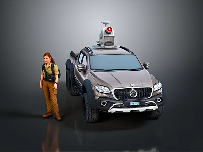 Brown SUV With Roof Mounted Detection Device And Outdoor Gear Woman 3d model