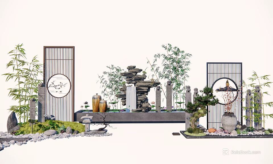 Karesansui Zen Garden Design With Bamboo Rock Formations Wooden Screens And Ceramic Jars 3d model 