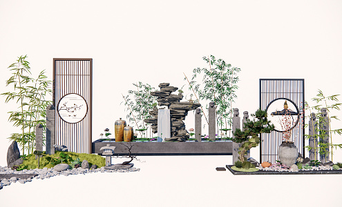 New Chinese style landscape sketch rockery waterscape combination dry landscape rockery stone lamp 3d model