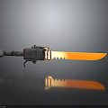 Serrated Orange Blade Knife With Metal Green Decorated Handle And Reflective Surface