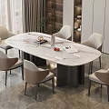 Modern Dining Room With Oval Marble Table And Beige Brown Chairs 3d model