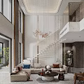 Duplex Living Room Interior With Modern Sofa Coffee Table Marble Staircase Floor-to-Ceiling Windows And Chandelier
