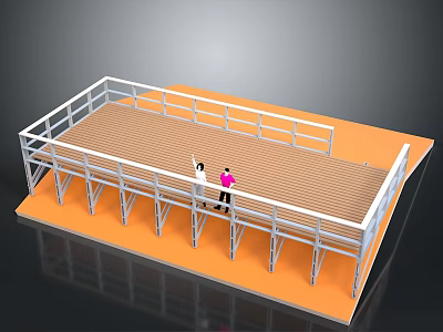Elevated Architectural Platform With White Railings Support Columns And Wooden Flooring 3d model