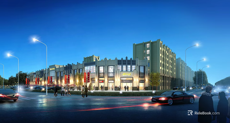 Bustling Commercial Street Evening Scene With Pedestrians Cars And Bright Storefront Lighting 3d model 