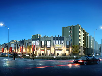 Bustling Commercial Street Evening Scene With Pedestrians Cars And Bright Storefront Lighting 3d model