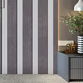 Modern Minimalist Living Room Interior Wall With Vertical Gray White Stripes And Decorative Art