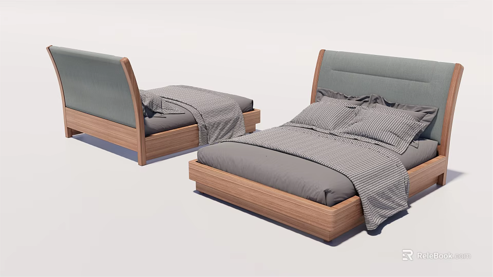 Modern Double Bed With Gray Upholstered Headboard Wooden Frame Gray Bedding And Pillows 3d model 