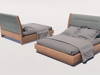 Modern Double Bed With Gray Upholstered Headboard Wooden Frame Gray Bedding And Pillows 3d model
