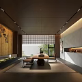 Modern Tea Room Interior Design With Long Wooden Table Chairs Tea Sets And Natural Light