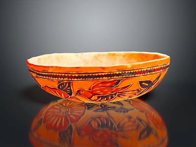 Intricate Handcrafted Orange Decorative Bowl With Black Floral And Bird Patterns 3d model