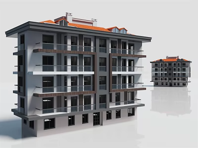 Multi Storey Apartment Building With Orange Roof Gray Exterior And Multiple Balconies 3d model